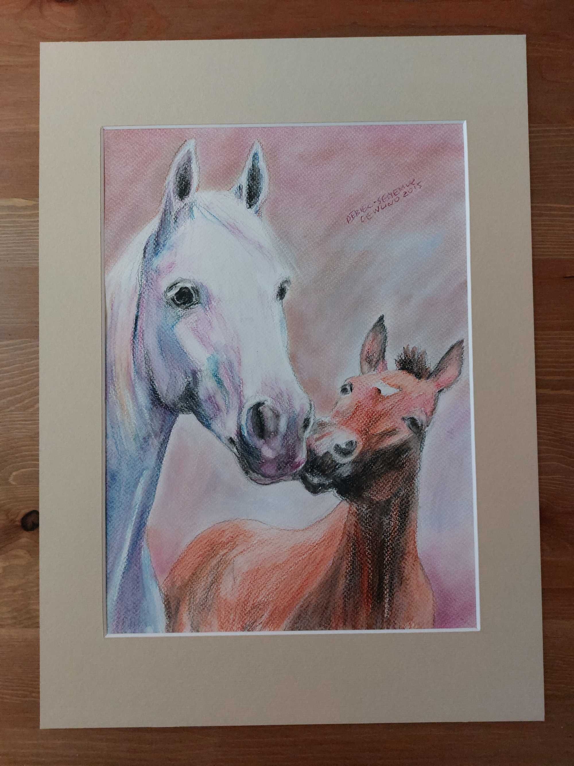 Obraz pastela akwarela koń "Klacz i źrebię"