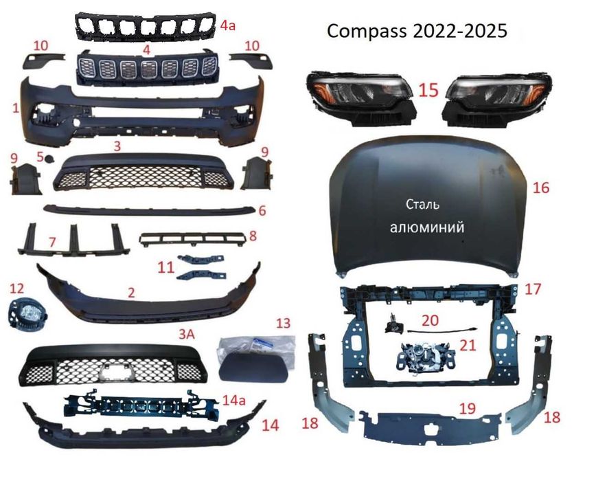 Бампер передний Jeep  Compass 2022 + в сборе или по частям