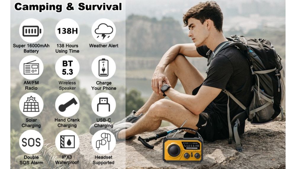 Універсальне аварійне радіо 16000мАг з Bluetooth ліхтарем