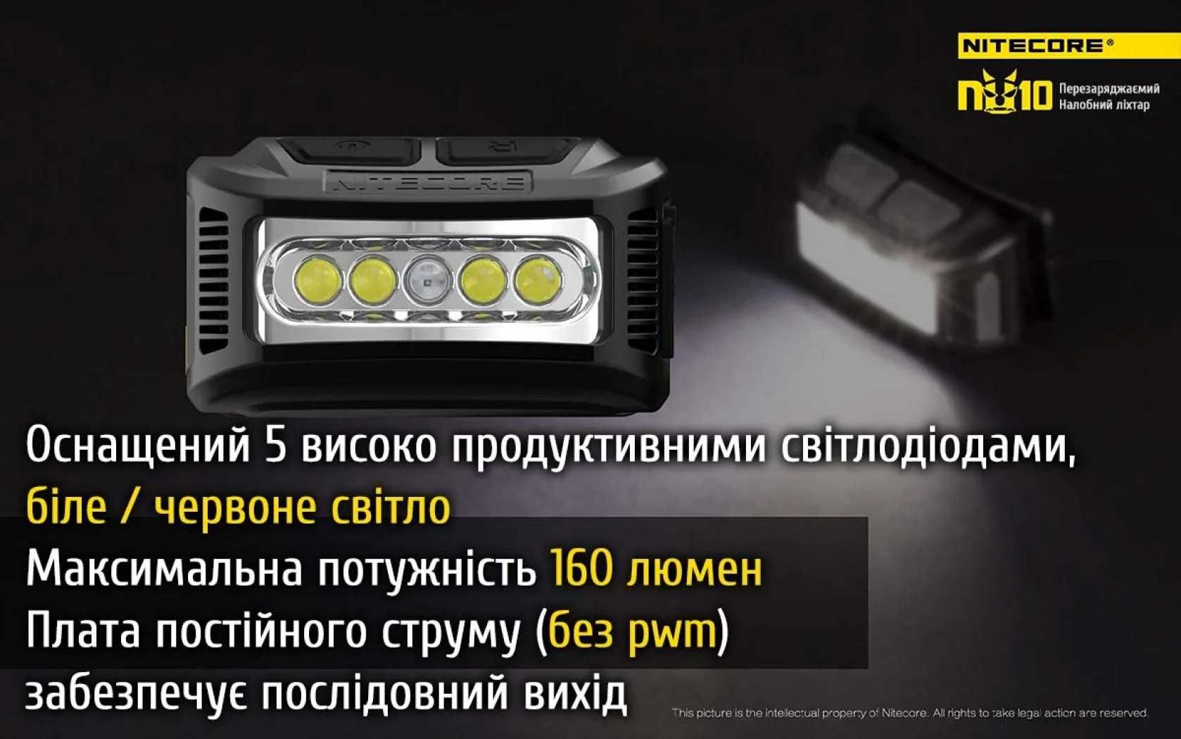 Фонарь Nitecore NU10 (4xLED + RED LED, 160 люмен, 7 режимов, USB)