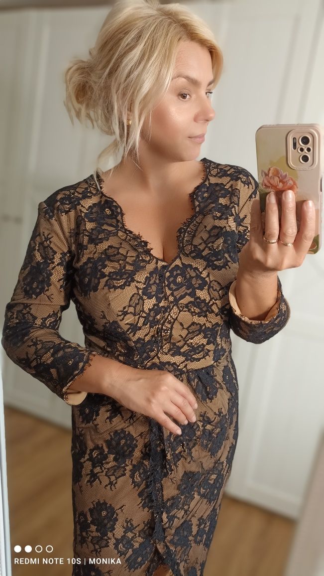 Elegancka koronkowa beżowo czarna sukienka imprezy wesele Tadashi shoj