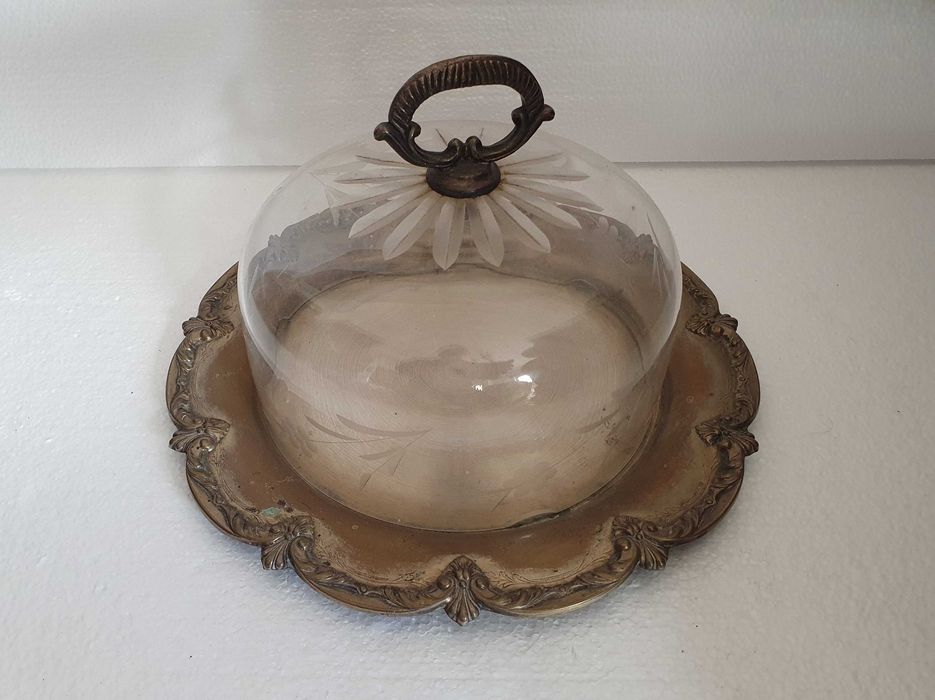 Queijeira vintage, estanho/casquinha/vidro antigo