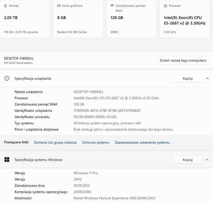 Komputer gamingowy.HP Z620.8rdzeni,128GB RAM+RX580 8GB+monitor+akces