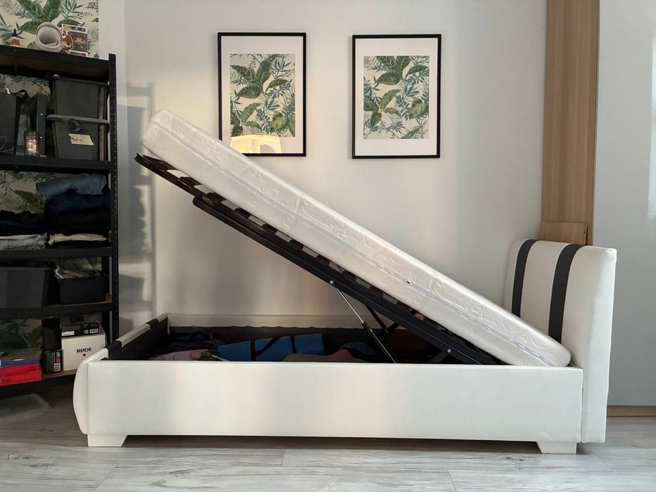 Łóżko 90x200 z podnoszonym stelażem i pojemnikiem + materac