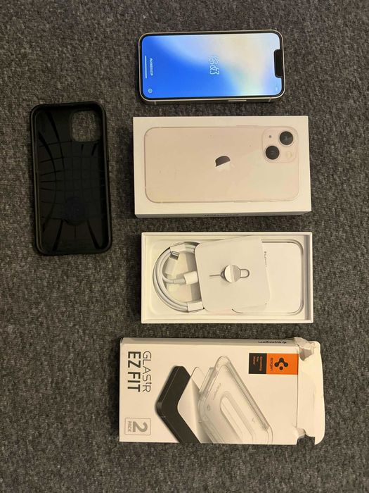 iphone 13 mini biały, etui + zapasowe szkło spigen