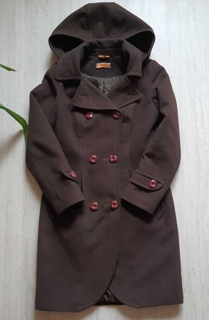 Весеннее женское пальто размер S, цвет шоколад с капюшоном