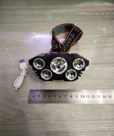 Фонарь налобный Аккумуляторный с 5 светодиодами и зарядкой от Usb
