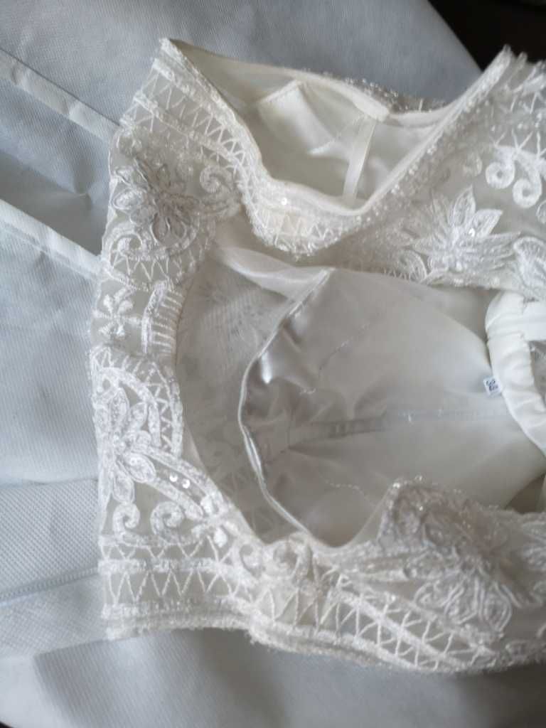 Suknia Ślubna - piękna śnieżnobiała, koronka, tiul rozmiar 34