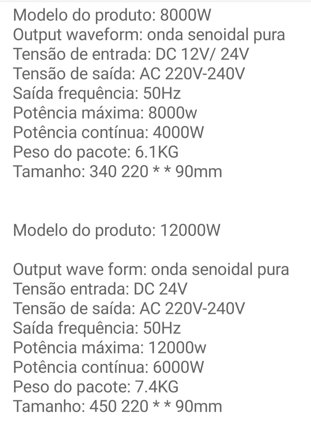 Inversor de onda pura 12 e 24 voltes 8000 e 12000W