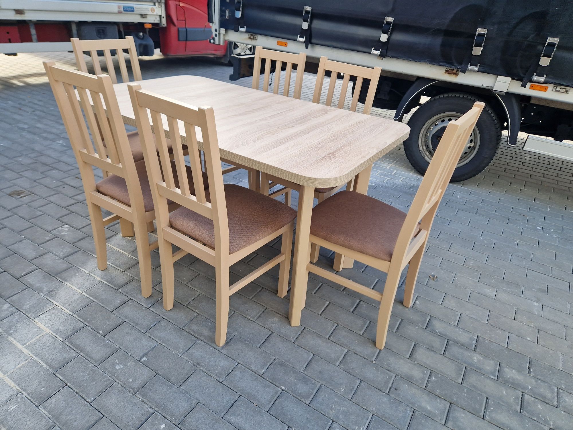 Nowe: Stół rozkładany + 6 krzeseł, sonoma + jasny brąz ( szczebelki)