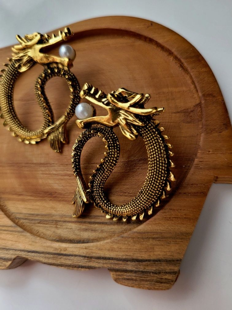 Duże złote kolczyki smok Japonia Korea japan korean dragon earrings