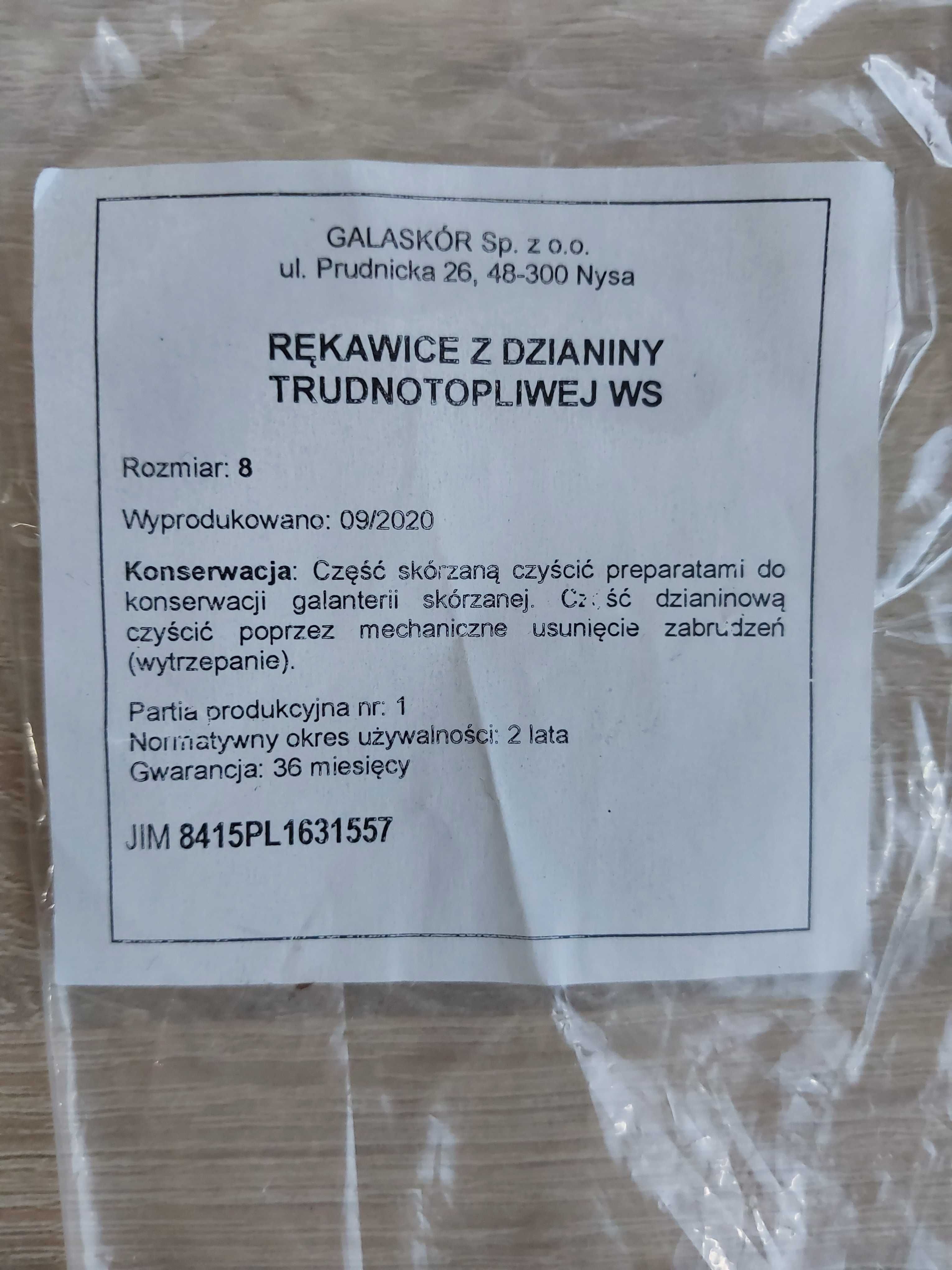 Rękawice z dzianiny trudnotopliwej WS rozmiar 8 Nowe