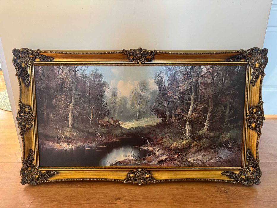 Obraz olejny – pejzaż leśny z jeleniami, sygnowany, duży, dekoracyjny