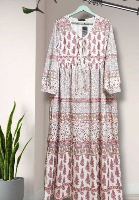 Длинное платье в принт с завязками и длинным рукавом Sheilay, р. L