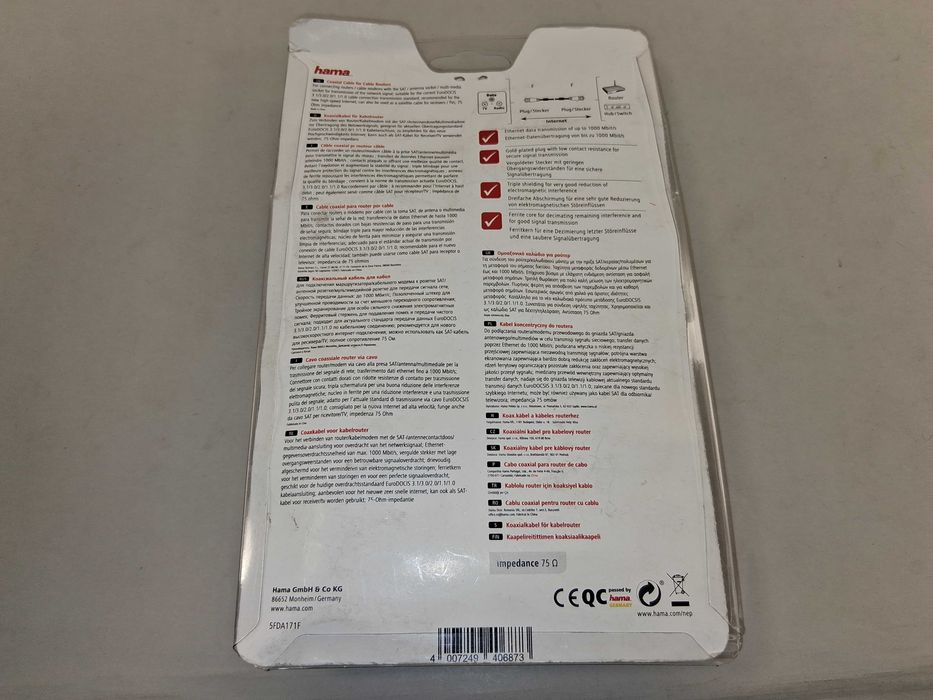 N128 Hama Kabel Antenowy 3M Koaksjalny Pozłacany Wtyk