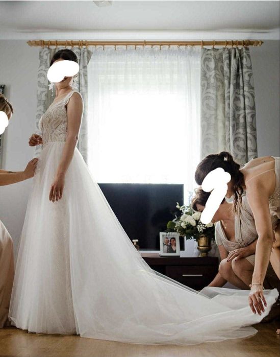 Suknia ślubna koronka tren S/M