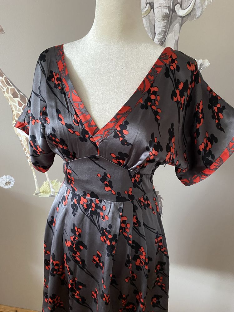 Jedwabna okazjonalna sukienka w wiśnie kimono japoński styl jedwab