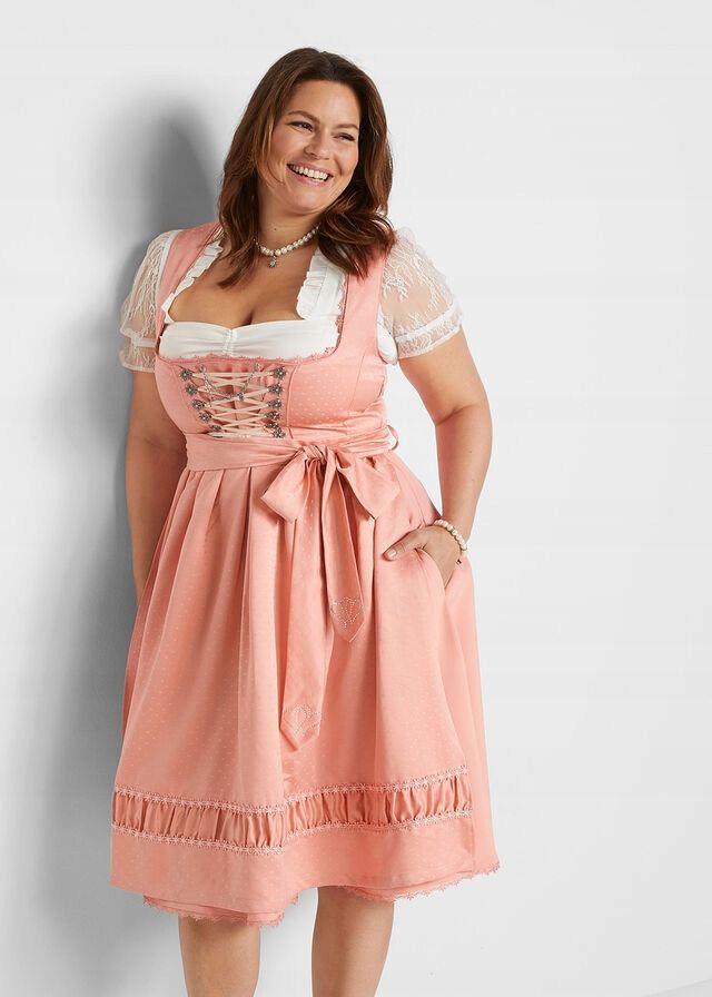 B.P.C. sukienka ludowa brzoskwiniowa z satynowym fartuchem 42.