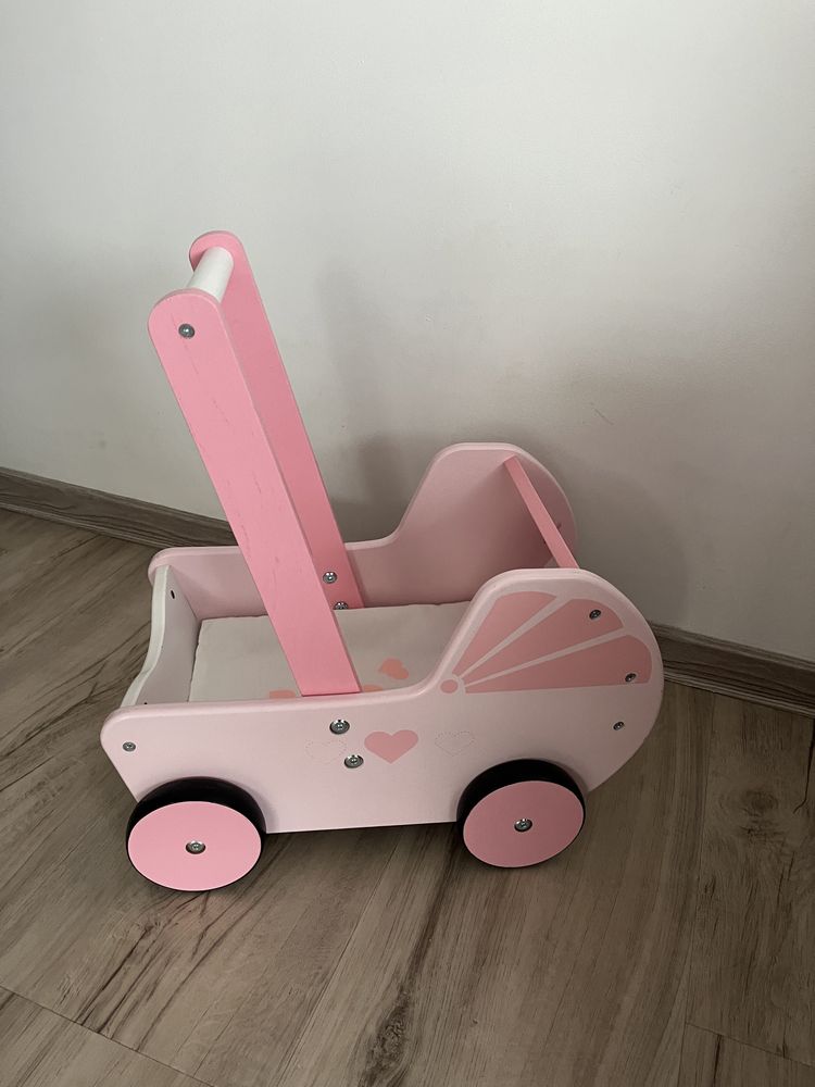 Cena ost.Wózek różowy drewniany dla lalek jak chodzik stabilny