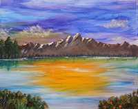Obraz ręcznie malowany na płótnie Rozświetlone Góry, akryl