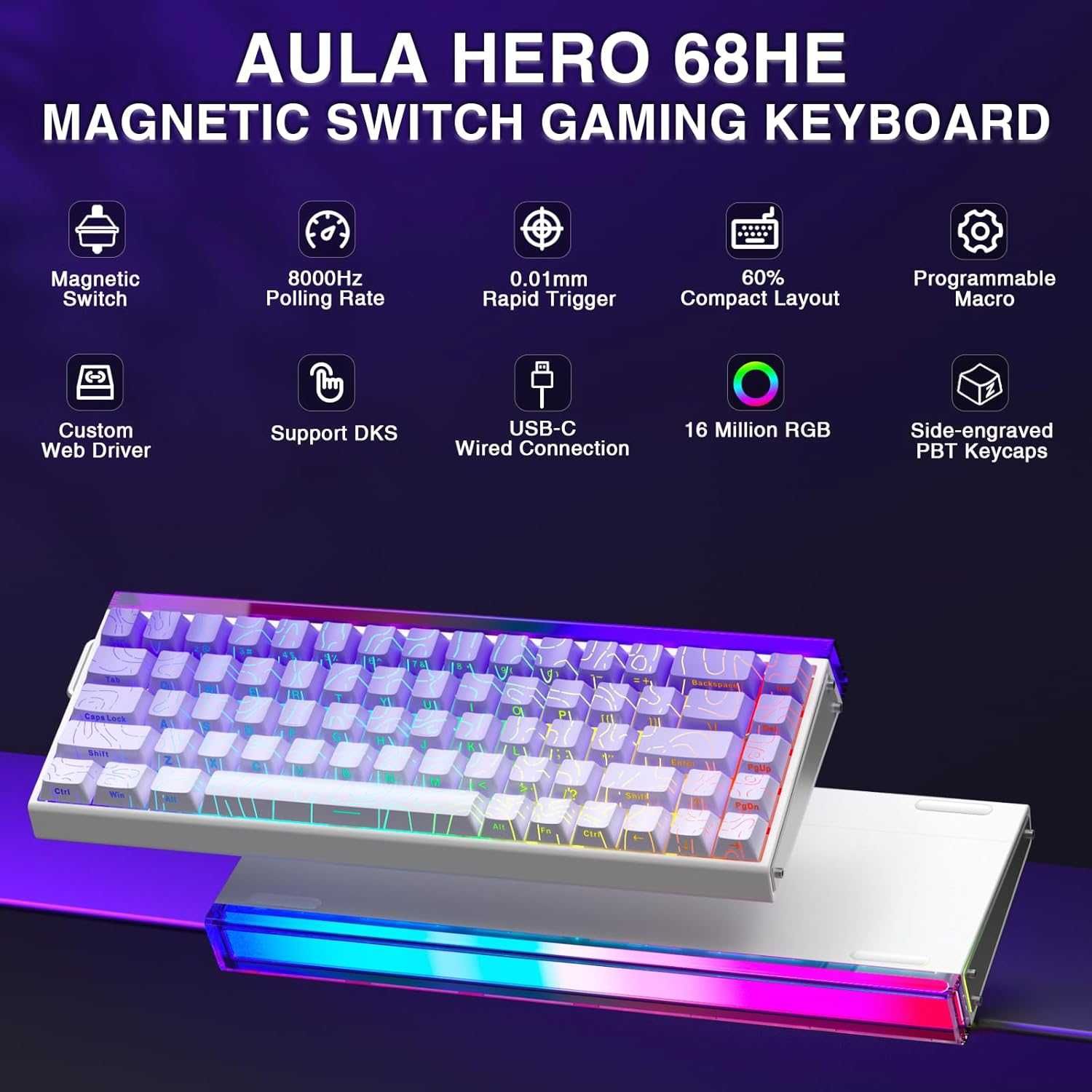 Ігрова механічна клавіатура Aula Hero 68 HE з магнітними перемикачами