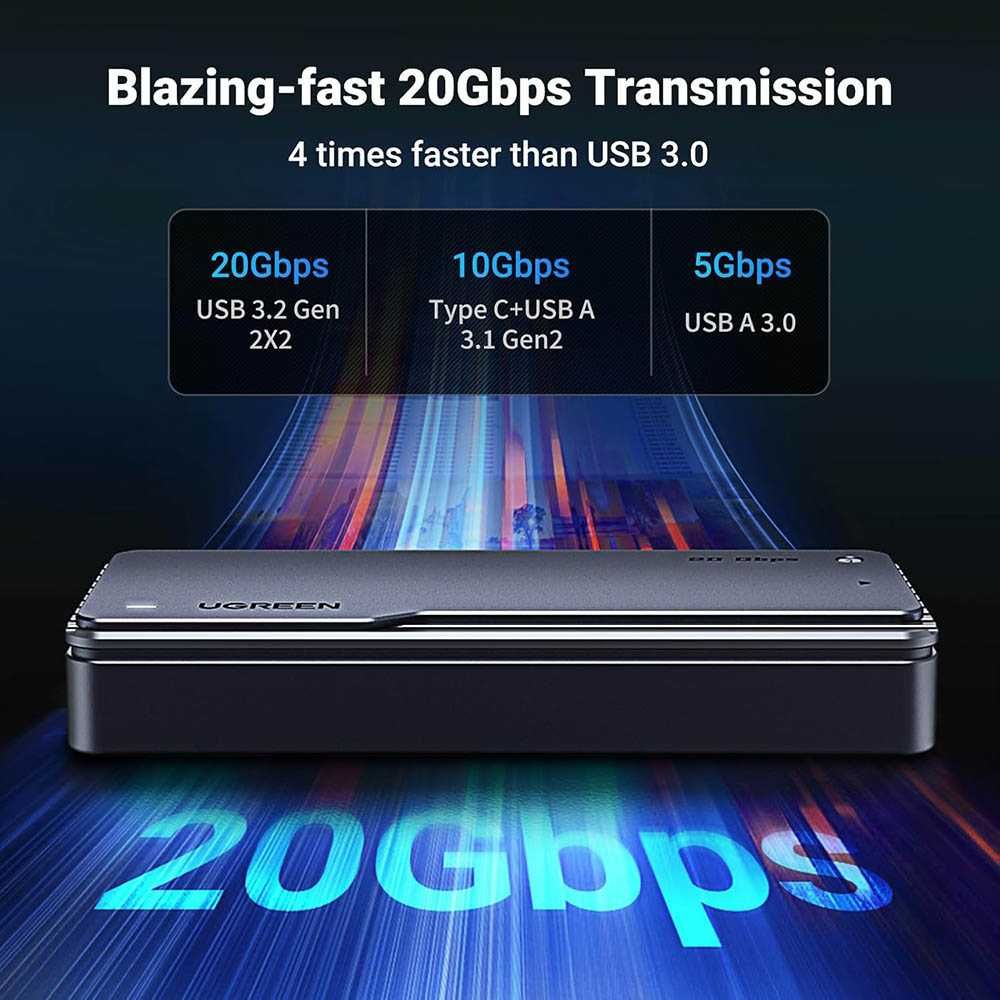 Карман для SSD M2 NVMe 20 Гбит/с Type-C USB 3.2 Gen 2 UGREEN алюминий
