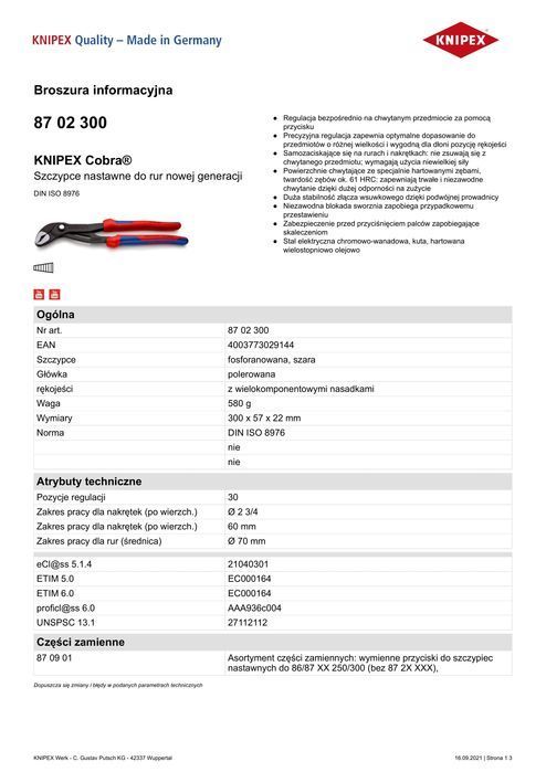 Szczypce Do Rur Cobra 300Mm Knipex
