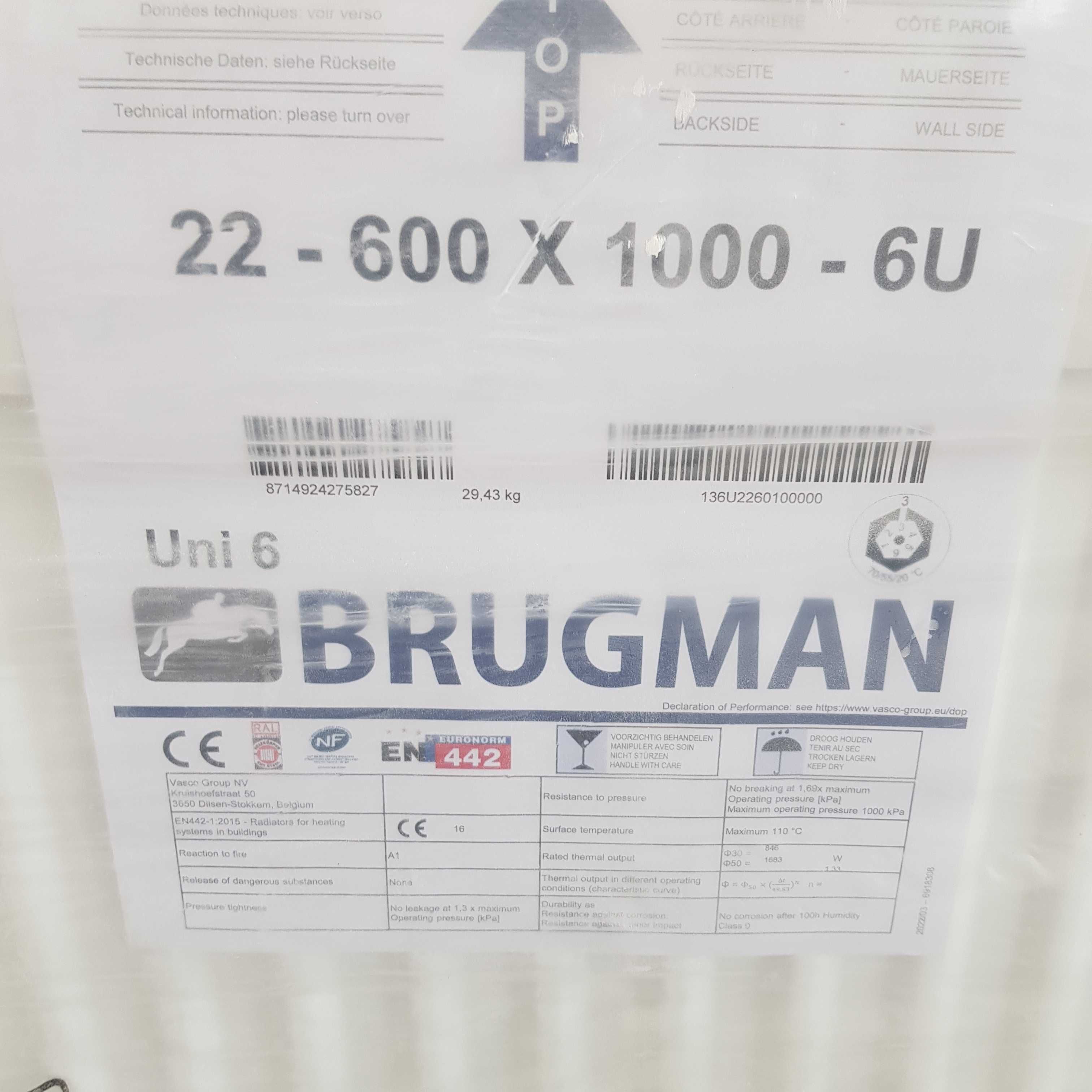 Grzejnik Brugman 100x60 dwupłytowy z termostatem.