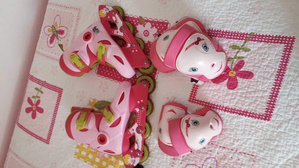 Patins em linha Rosa tamanho 28 ao 30 com joelheiras e caneleiras