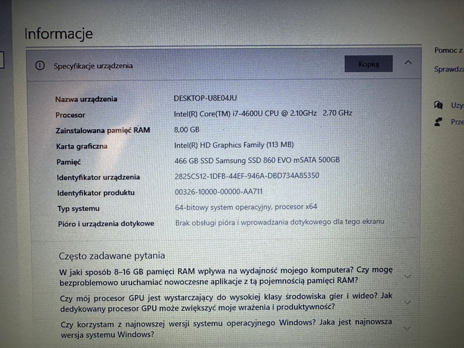 Dell Latitude E7240 intel i7 RAM 8 GB SSD Samsung  500GB windows 10