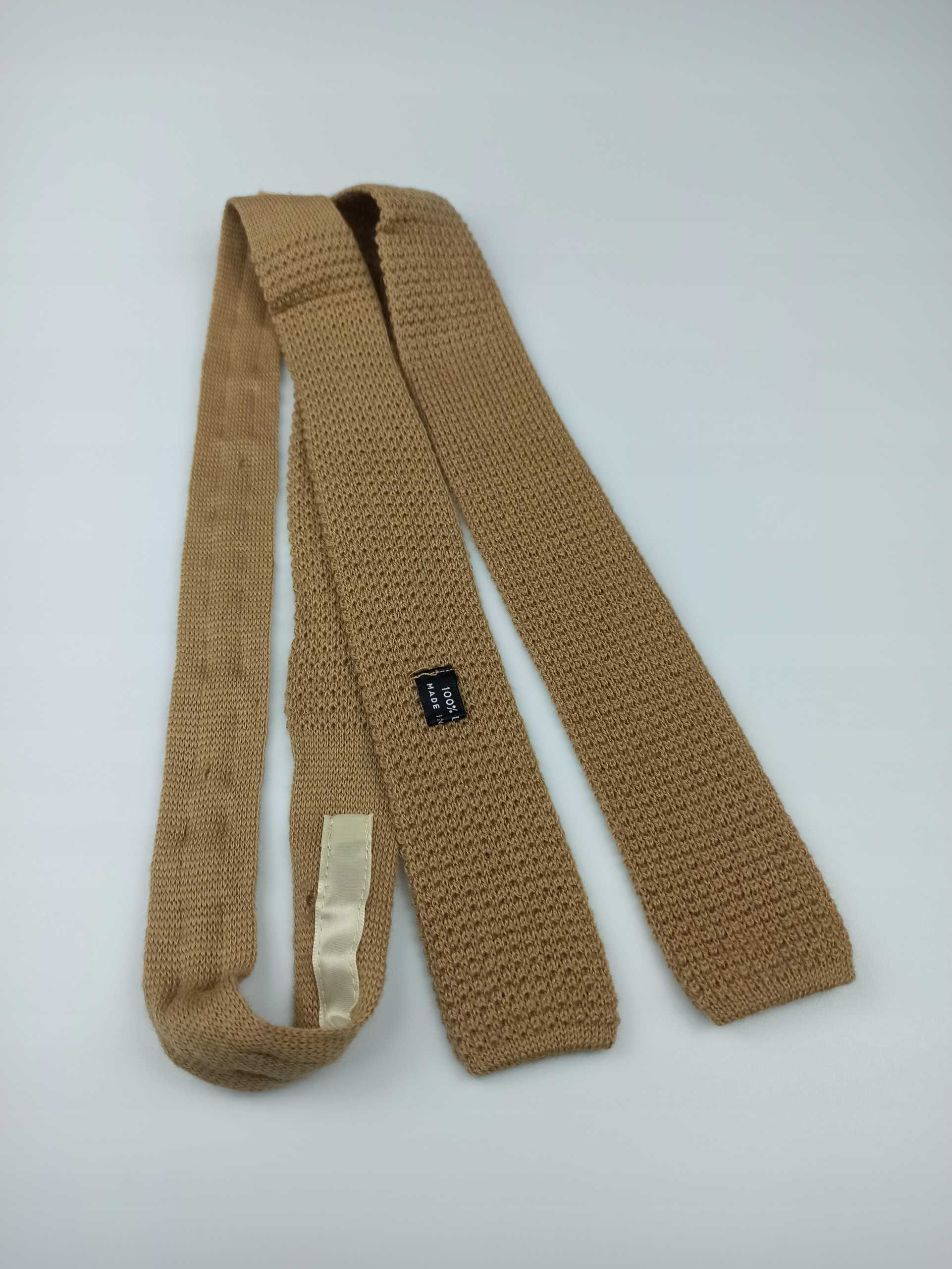 Brązowy kremowy kawowy wełniany krawat knit kn08