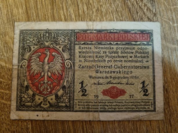 Banknot 1/2 pół marki 1916 r. Seria B żółto-niebieskie tło