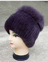 женская зимняя меховая шапка фиолетового цвета из меха Рекса