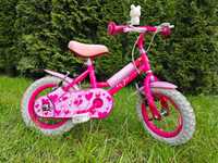 Różowy rower dziecięcy 12", kółka boczne, kijek, dzwonek, koszyk