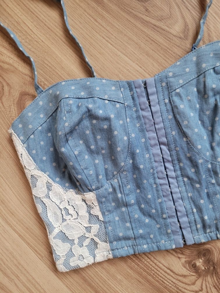 Bawełniany crop top z koronką sexy pin up dots bardotka kropeczki XS S