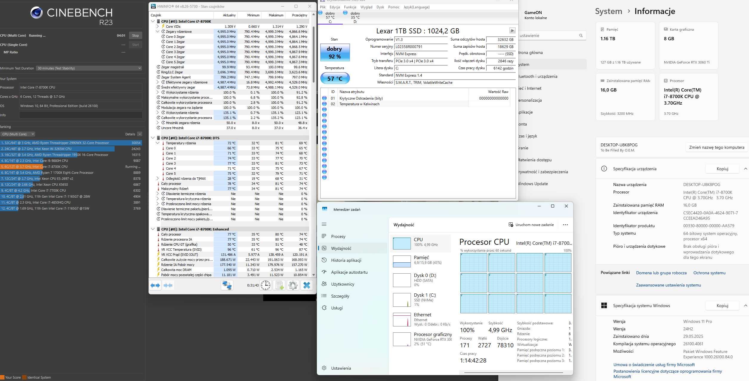 Komputer RTX 3060 Ti i7 8700K DDR4 16 GB 3200MHz CL16 SSD 1 TB