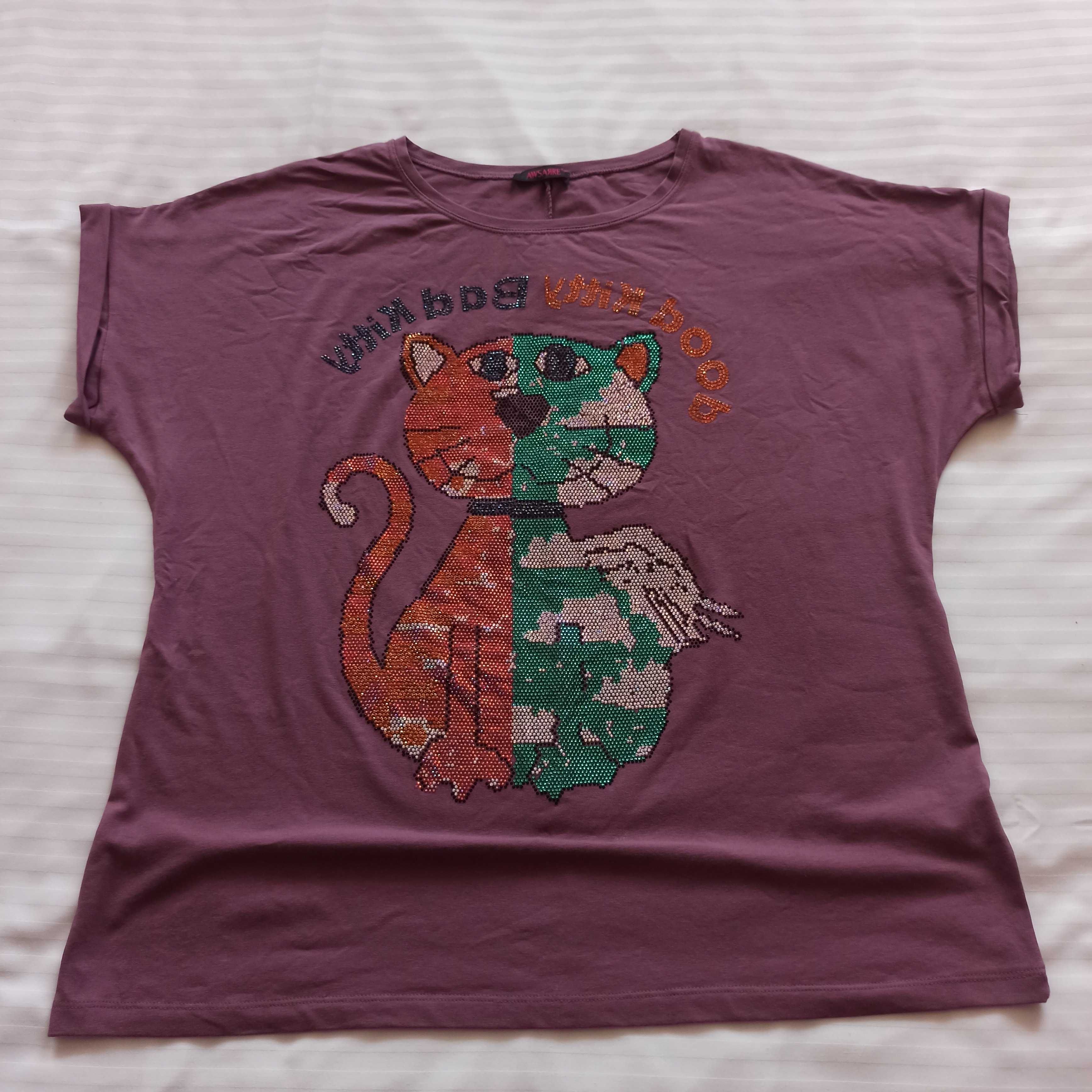 Letni bluzka t-shirt na lato w kolorze ciemnego różu dekor cekiny