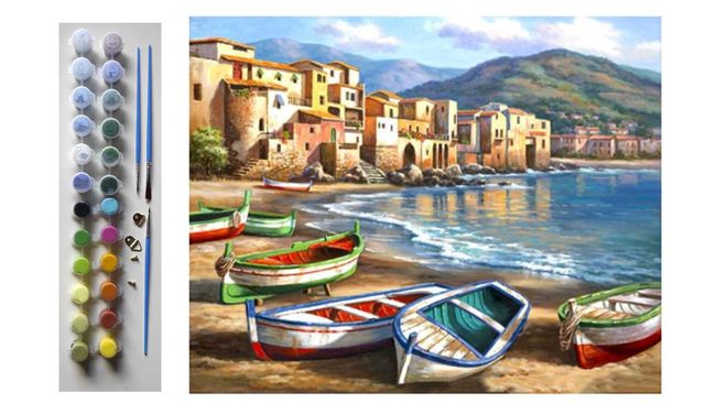 Namaluj obraz sam - " łódki na piasku Italia" do malowania po numerach