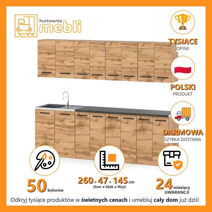 Zestaw Mebli Kuchennych Modułowych Vero 2.6m Nowoczesny Zestaw Komplet