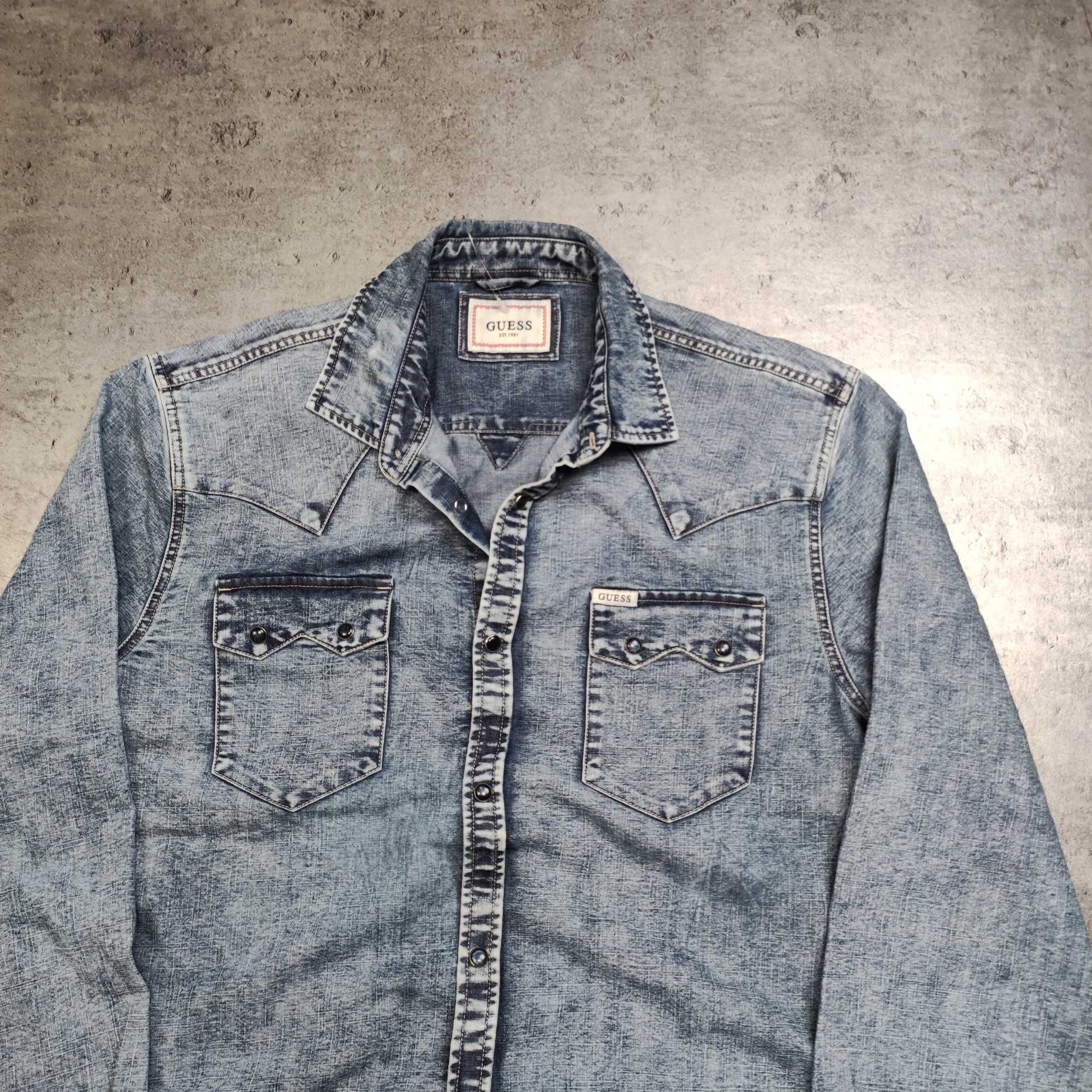 MĘSKA Koszula Elegancka PREMIUM Denim Jeans Guess USA Kieszenie Logo