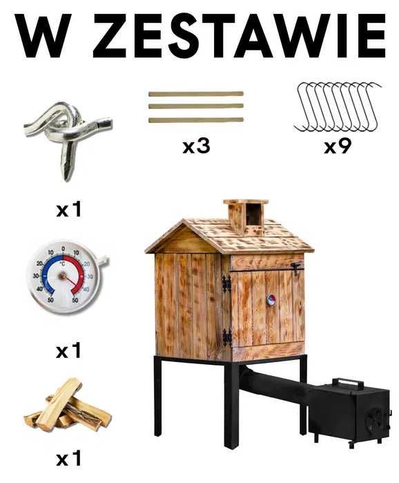 Wędzarnia drewniana ogrodowa pojedyńcza opalana, komplet wędzarniczy.