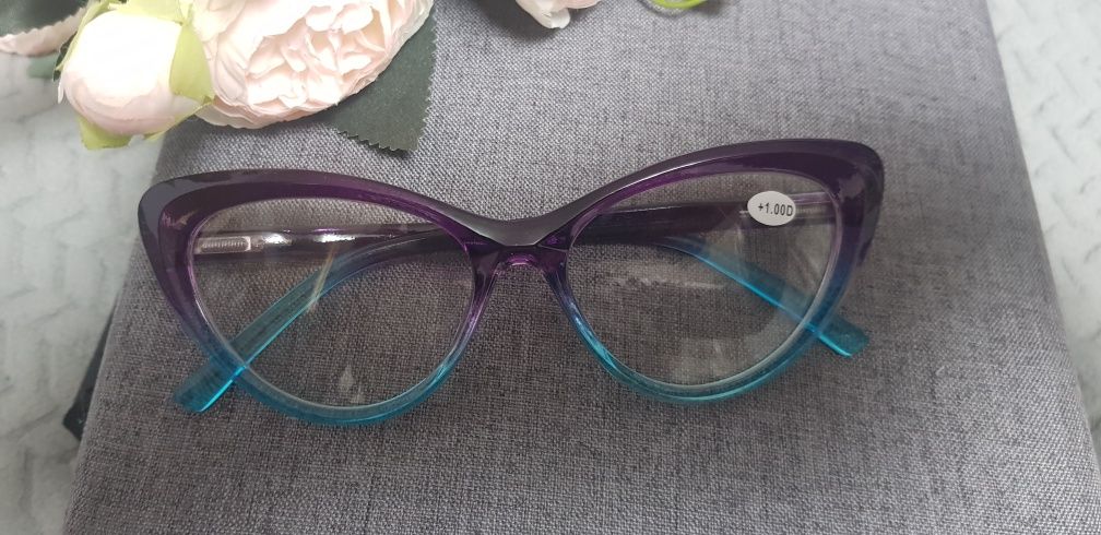 Nowe okulary korekcyjne +1.00D oprawki kocie oko kolor ombre fiolet tu