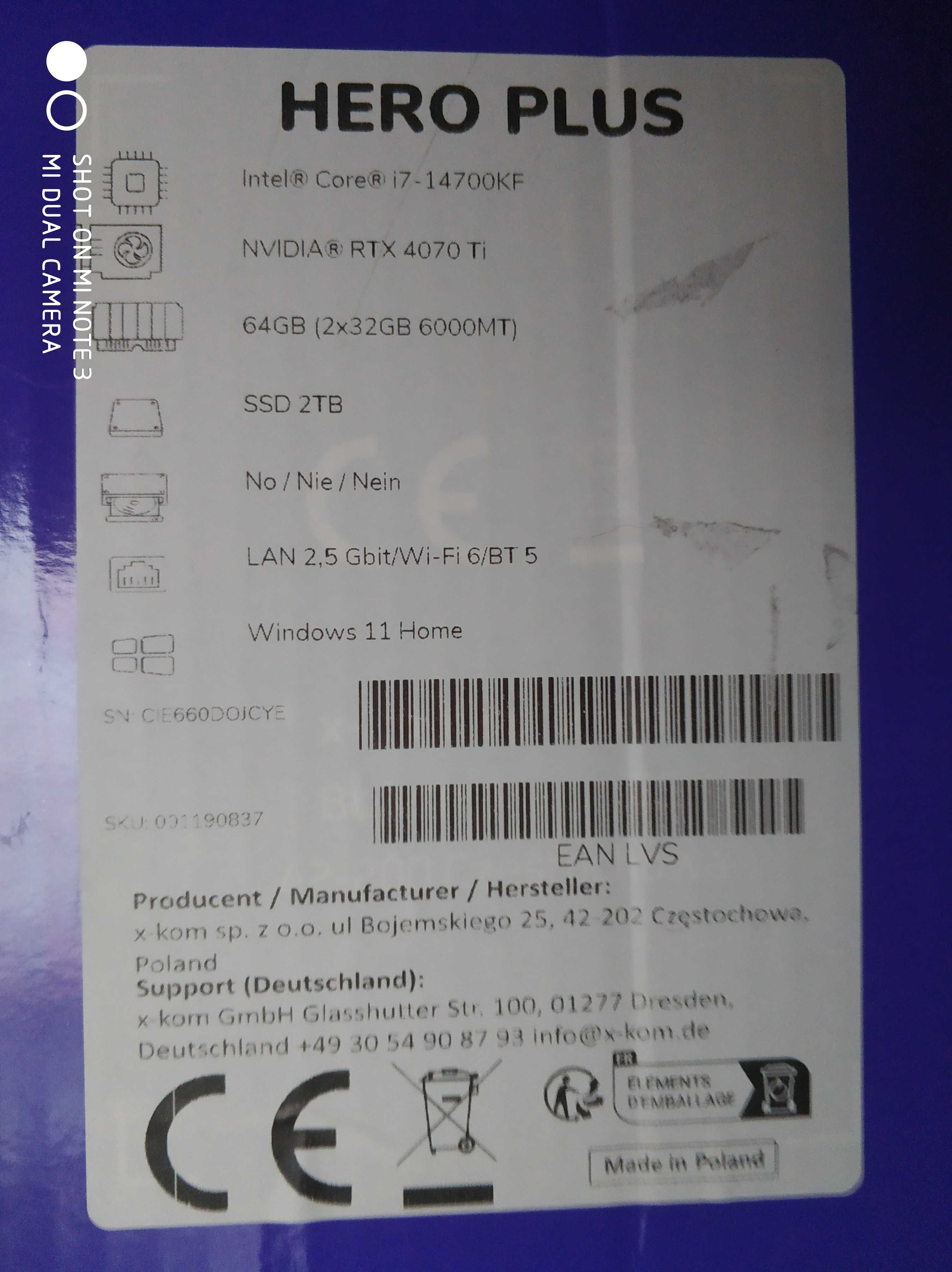 G4M3R HERO PLUS RTX4070Ti i7-14700KF 64gb DDR5 4TB SSD M.2 Gwar.