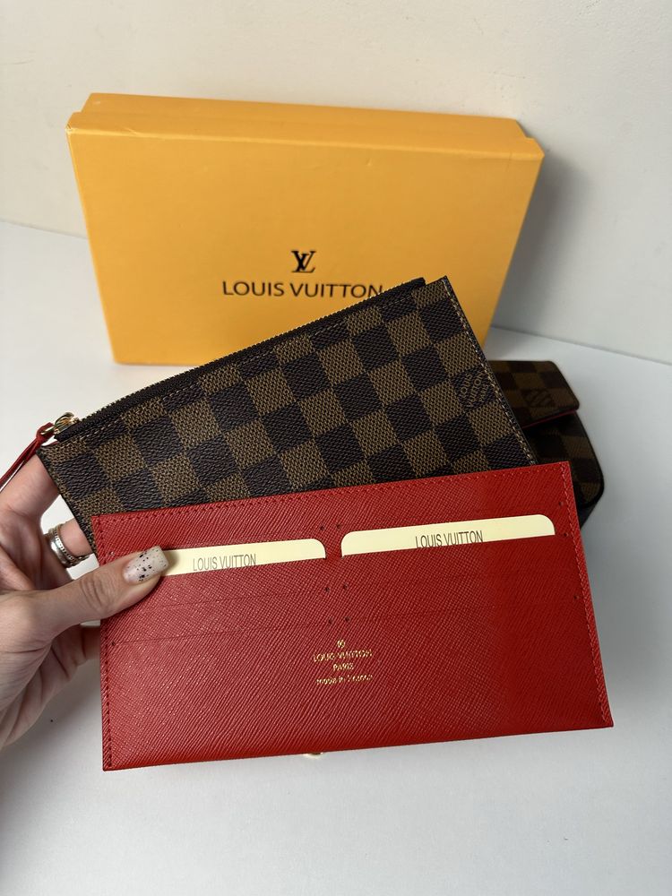 Skórzana torebka kopertówka Louis Vuitton Felicie Damier Ebene luks LV