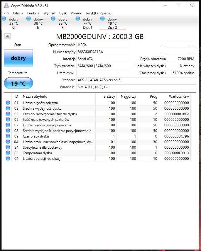 Dysk HDD HP 2TB - S.M.A.R.T = dobry