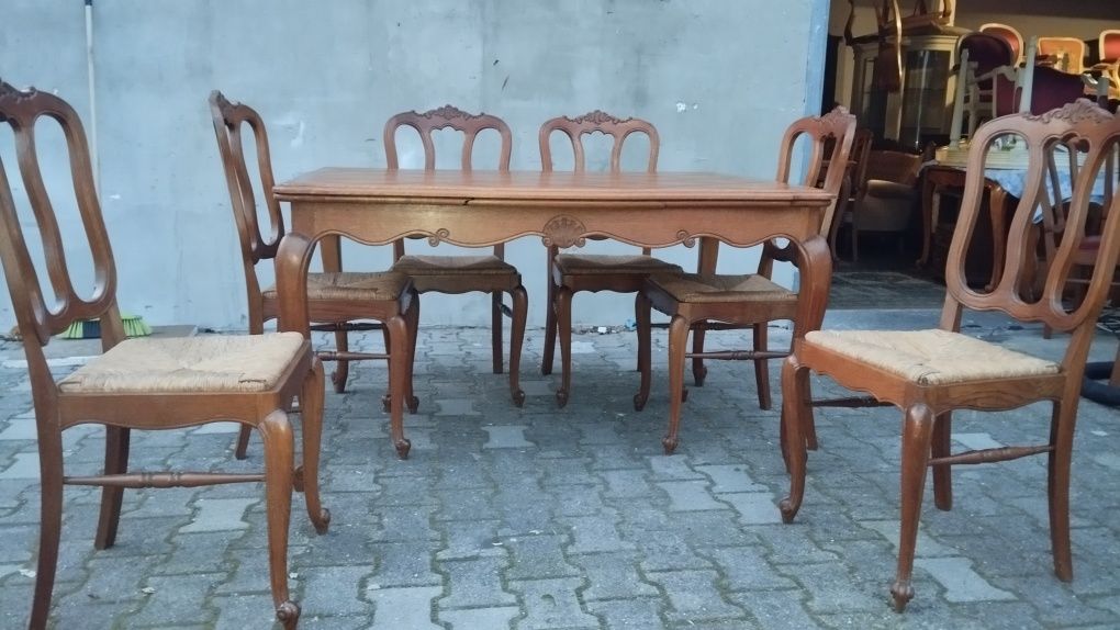 Piękny stylowy stół rozkładany z krzesłami Ludwik dębowy