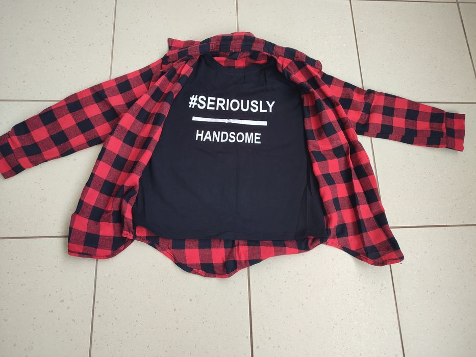 Koszula t-shirt w czerwono czarną kratkę z długim rękawem 134-140