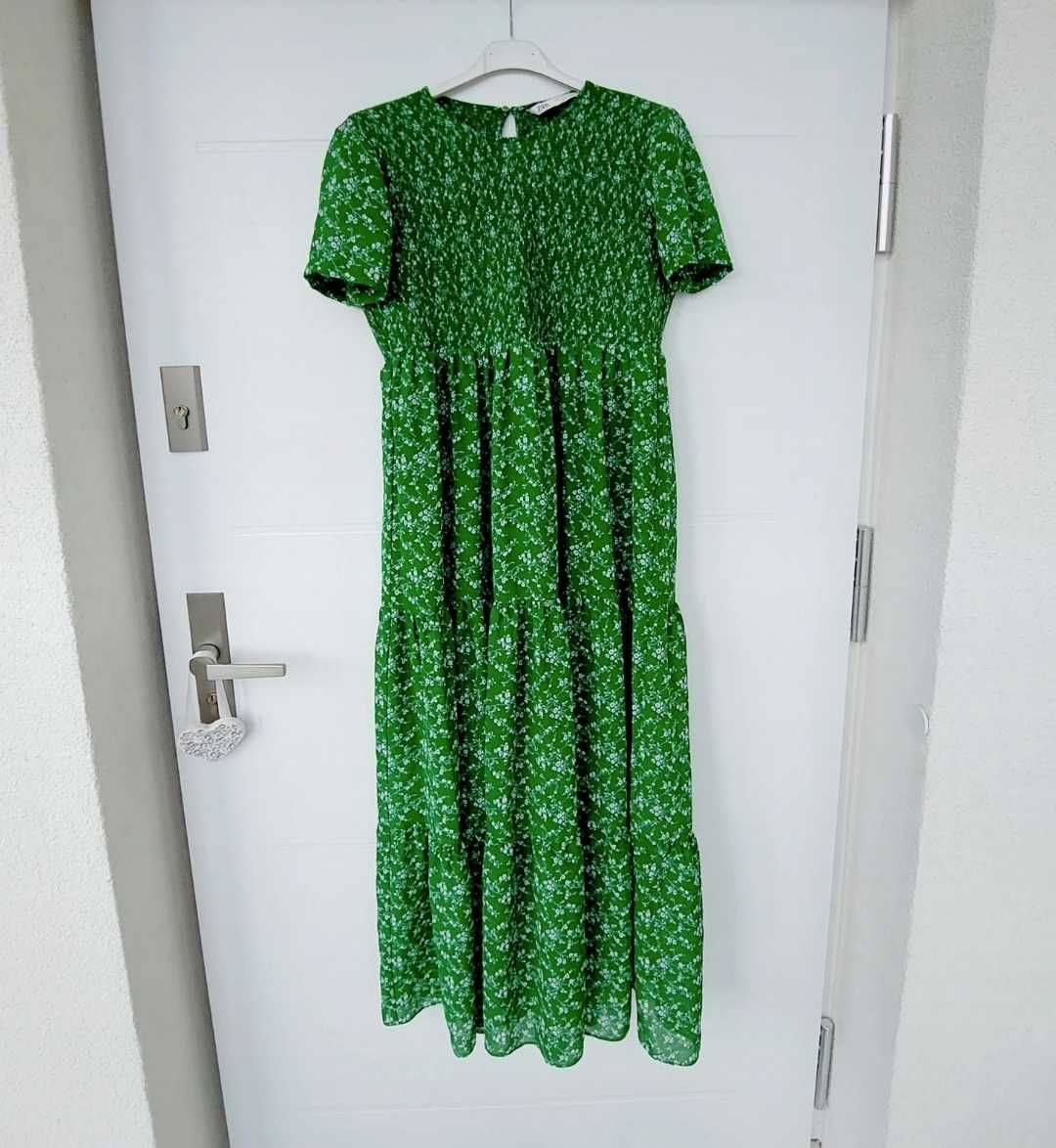 Zara zielona długa maxi szyfonowa sukienka w kwiatuszki L