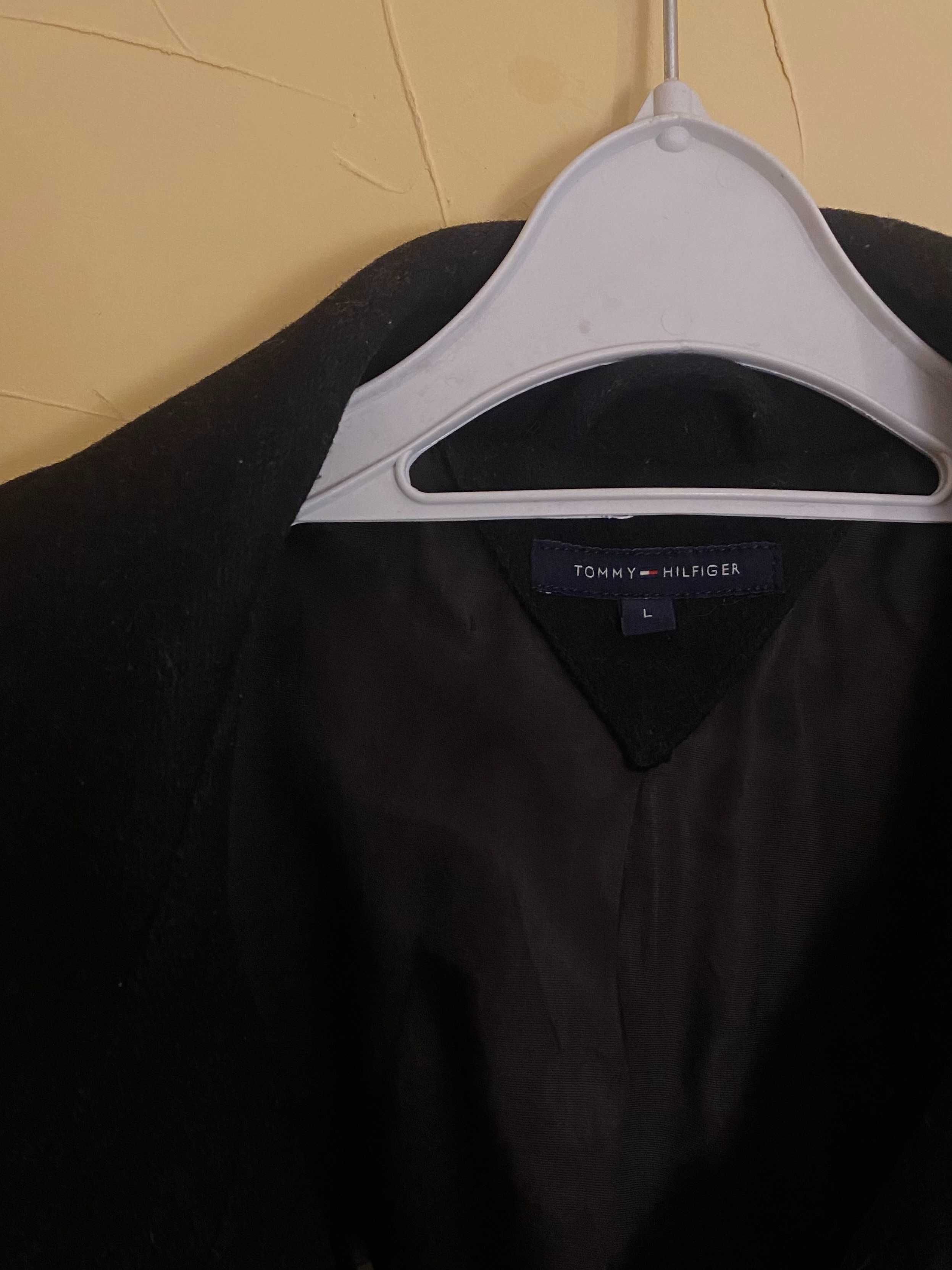 wełniany, czarny, klasyczny płaszcz męski Tommy Hilfiger 100% oryginał