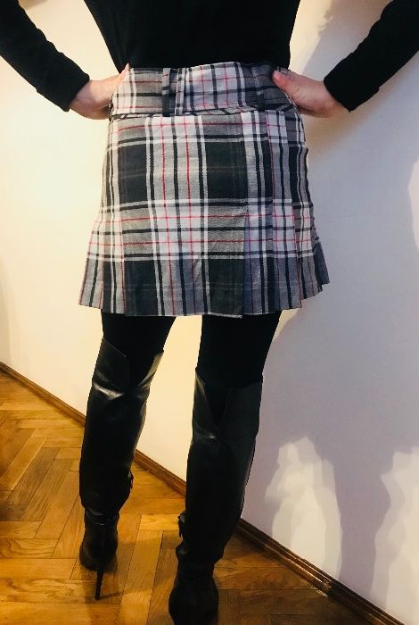 Spódnica mini, rozmiar S, w kratkę, plisowana szara